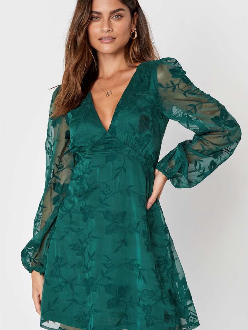 Lulus Size M Emerald Green Floral Embroidered Long Sleeve Mini Dress